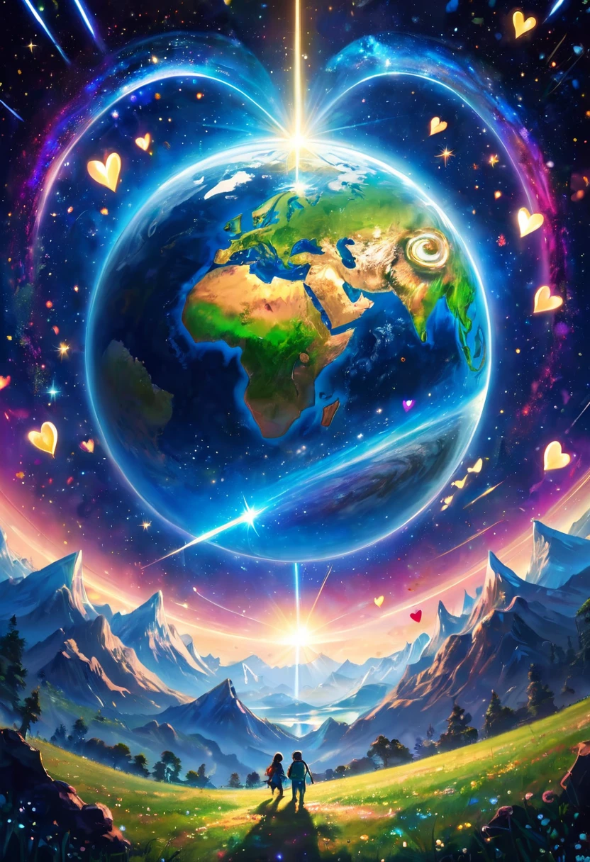 Shining earth surrounded by hearts, outer space, sacred moments, shooting stars