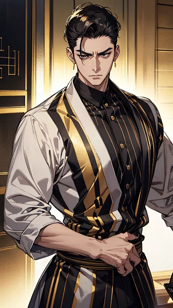 Japanese, male, tall man, short hair, business short hair, slicked back hair, intimidating face, middle-aged, black and gold striped shirt, well-trained body, gold earrings