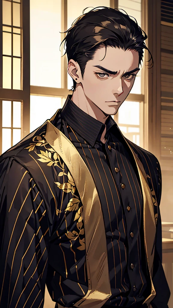 Japanese, male, tall man, short hair, business short hair, slicked back hair, intimidating face, middle-aged, black and gold striped shirt, well-trained body, gold earrings