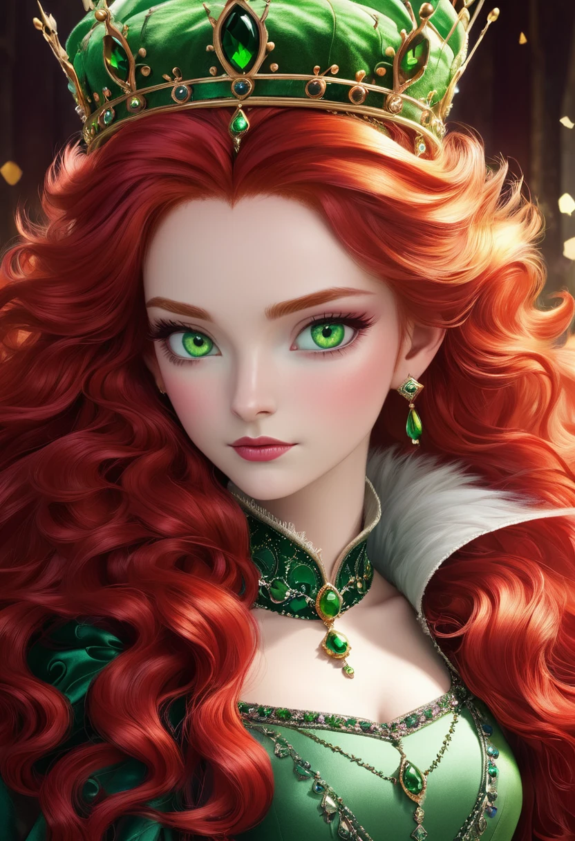 the red queen,Fluffy red hair,Green eyes,Gorgeous crown,Queen's throne