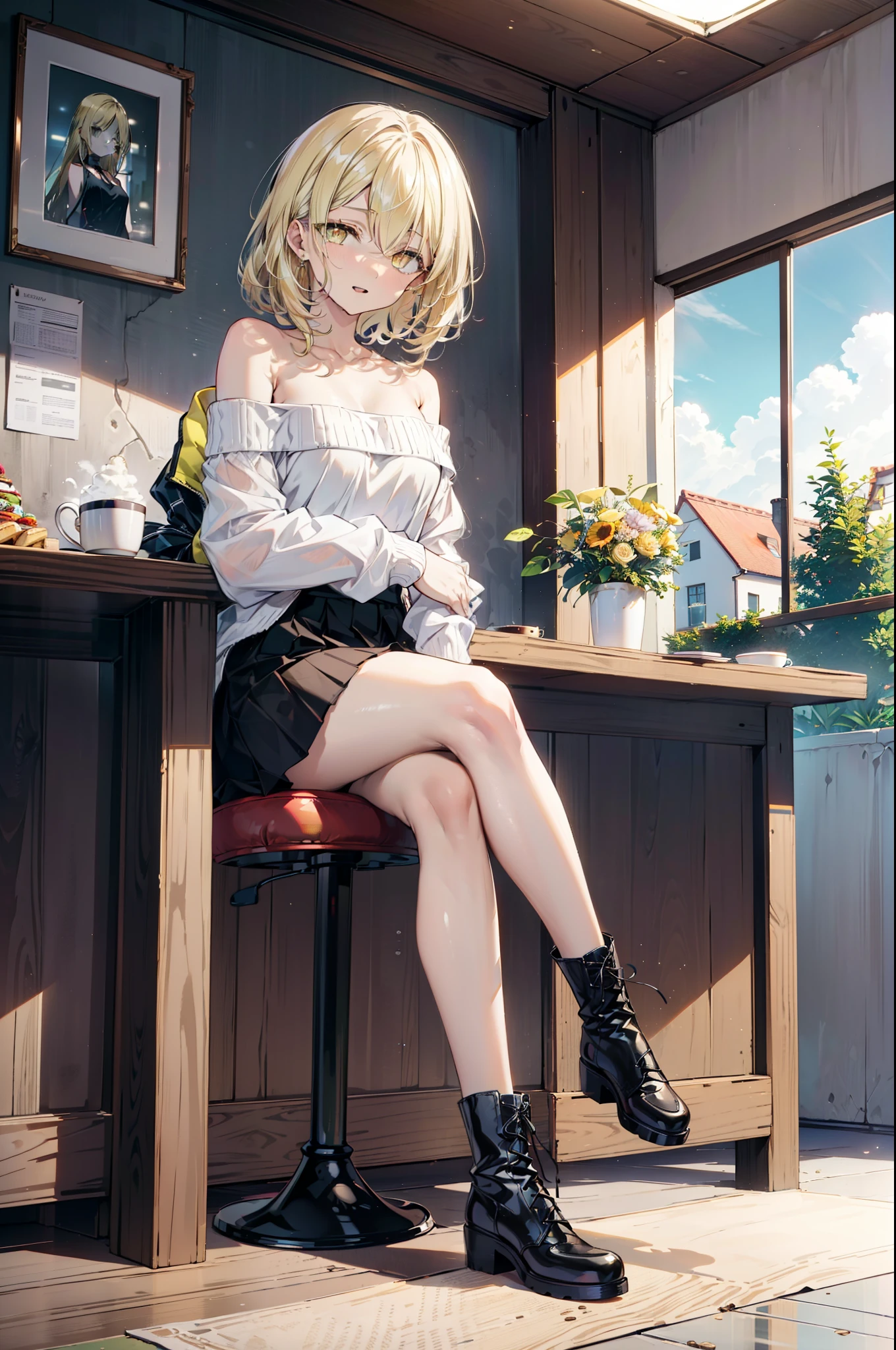 (アイスWallenstein, Wallenstein, blonde, Hair between the eyes, hair band, happy smile, smile, Open your mouth,Blonde,Long Hair, (Yellow Eyes:1.5),One-shoulder sweater,Long skirt,short boots,Sitting in a chair,There is food on the table,Daytime,Clear skies,whole bodyがイラストに入るように, break looking at viewer, whole body, break indoors,Coffee shop,, break (masterpiece:1.2), Highest quality, High resolution, unity 8k wallpaper, (shape:0.8), (Beautiful and beautiful eyes:1.6), Highly detailed face, Perfect lighting, Extremely detailed CG, (Perfect hands, Perfect Anatomy),