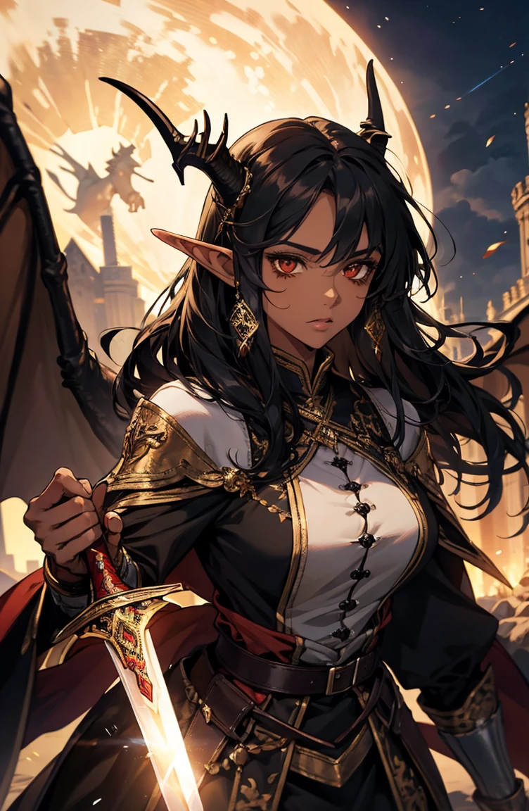 brown skin, older woman, sexy, tall, brown skin, one dragon wing, black hair, elf, elf ears, dragon horns, black clothing, night, glow, sword