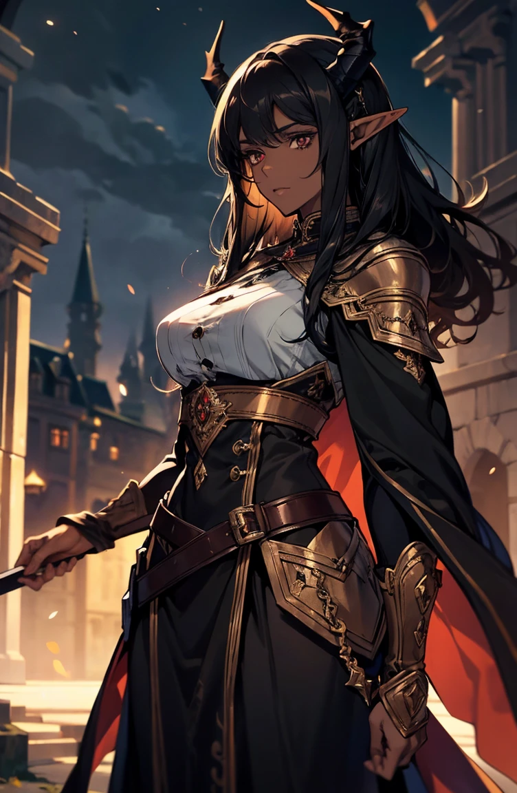 brown skin, older woman, sexy, tall, brown skin, one dragon wing, black hair, elf, elf ears, dragon horns, black clothing, night, glow, sword