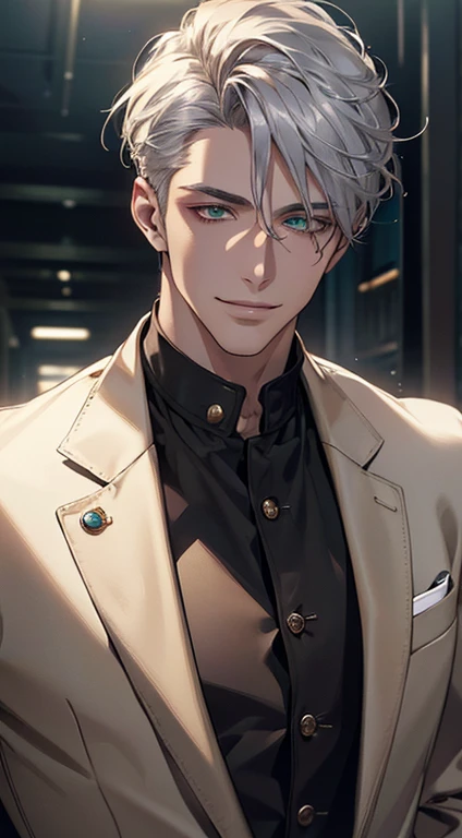 (best quality, masterpiece, 8K, photorealistic, cinematic lighting, hdr image, ultra detailed, beautiful image), a mature man, very handsome, smile, short silver golden hair, green eyes, perfect face without errors, ((buttoning the jacket, CEO))