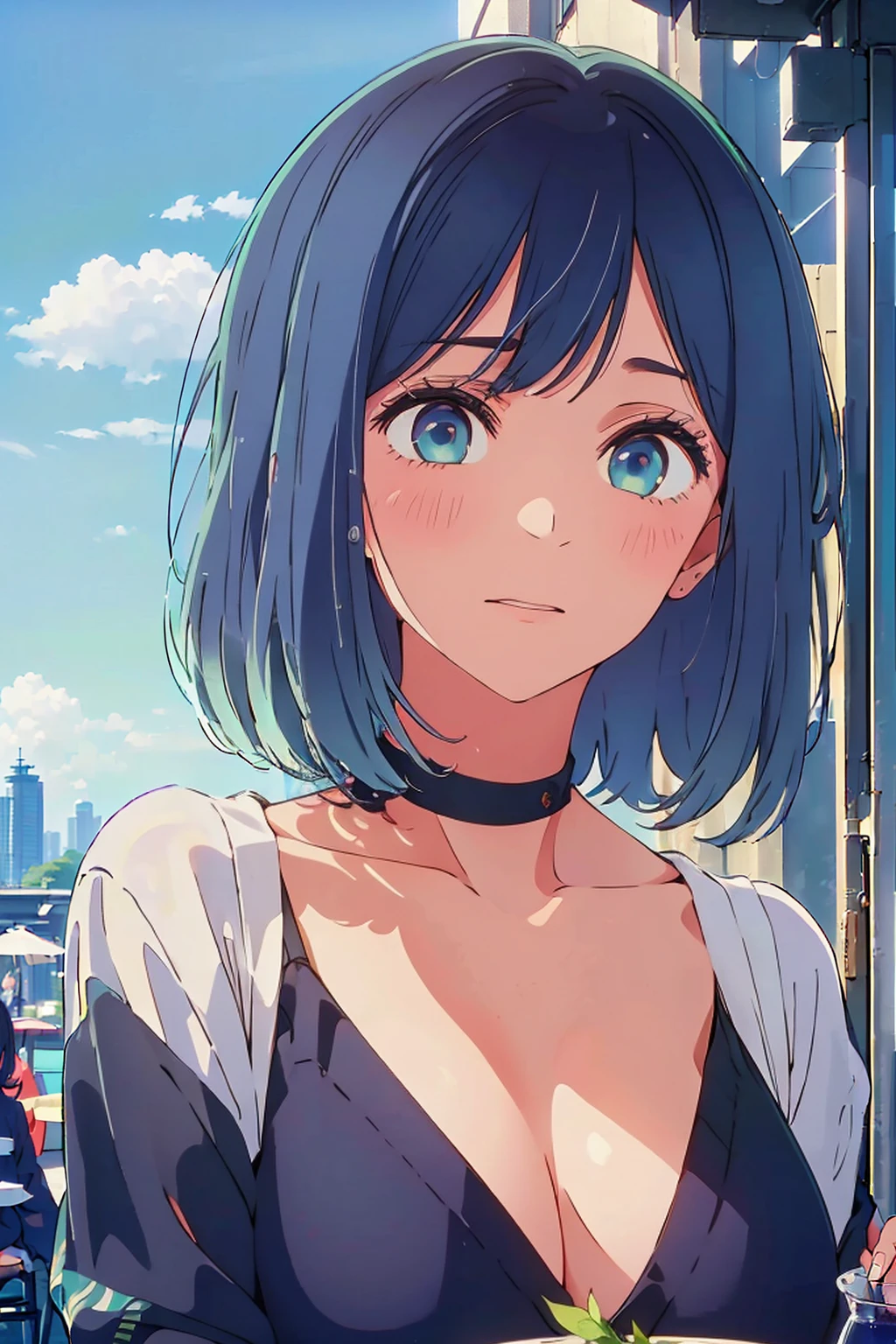 (Highest quality:1.4、masterpiece:1.4、超detailed:1.4、Ultra-high resolution:1.4、Absurd:1.4、Absolute Resolution:1.4、8K:1.4、detailed:1.4)、Slim body、Very white beautiful skin、((((1 person、Surprised expression、sit、Chair、In the background are the urban buildings of Tokyo、looking at the camera、Outdoor café terrace、Navy hair color、juice、table、Get up close and take a photo、Very cute face))))、((nude、Areola))、Small size bikini、Very blue sky、A completely cloudless sky