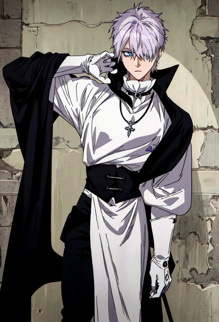 anime styling, best qualityer, pale white man, weak purple hair, clear blue eyes, bangs covering one eye, piercings na orelha, expression of boredom, tight bodice, white clothing covering the shoulders, voluminous bouffant, Black boots, Doctor, RPG, Medieval theme, Malignant, black leather gloves with metallic detail, necklace that hangs around your neck, dark circles in the eyes, long black cape, leather sheath with blades, leaning posture, standing, baggy pants, Scrawny
