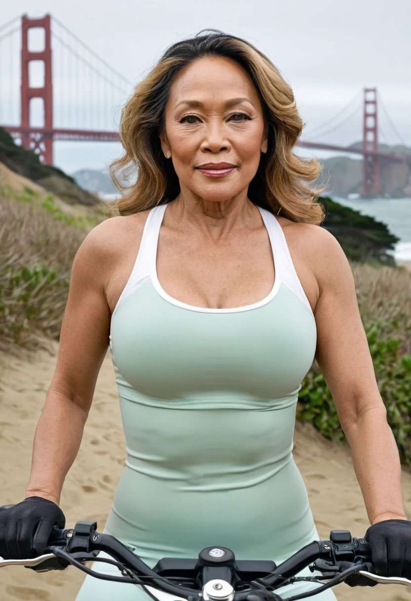 1girl, photorealistic photo of Gloria Diaz, realistic, photo of a Irish woman, middle age, grayish green eyes, medium wavy blonde hair, a 30-year-old woman, body of 40-year-old woman, (((wrinkles on her face and body))), (((half body shot))), (((medium size breast))), (((she is riding riding an ATV motorcycle along the Lower Great Highway Trail in San Francisco. This trail runs parallel to the Pacific Ocean, offering stunning views of the coastline and the crashing waves. The atmosphere is typically refreshing and invigorating, with the salty sea breeze and the sound of seagulls overhead. As she maneuvers the ATV along the trail, she might pass by sandy dunes and patches of coastal vegetation, enjoying the freedom and thrill of off-road riding against the backdrop of San Francisco's iconic Golden Gate Park. The trail itself is a mix of gravel and sand, providing a challenging yet exhilarating terrain for ATV enthusiasts. ))), she is looking at the camera smiling, (((she is wearing a color white sports bra and tight leggings))), (((dynamic pose)))