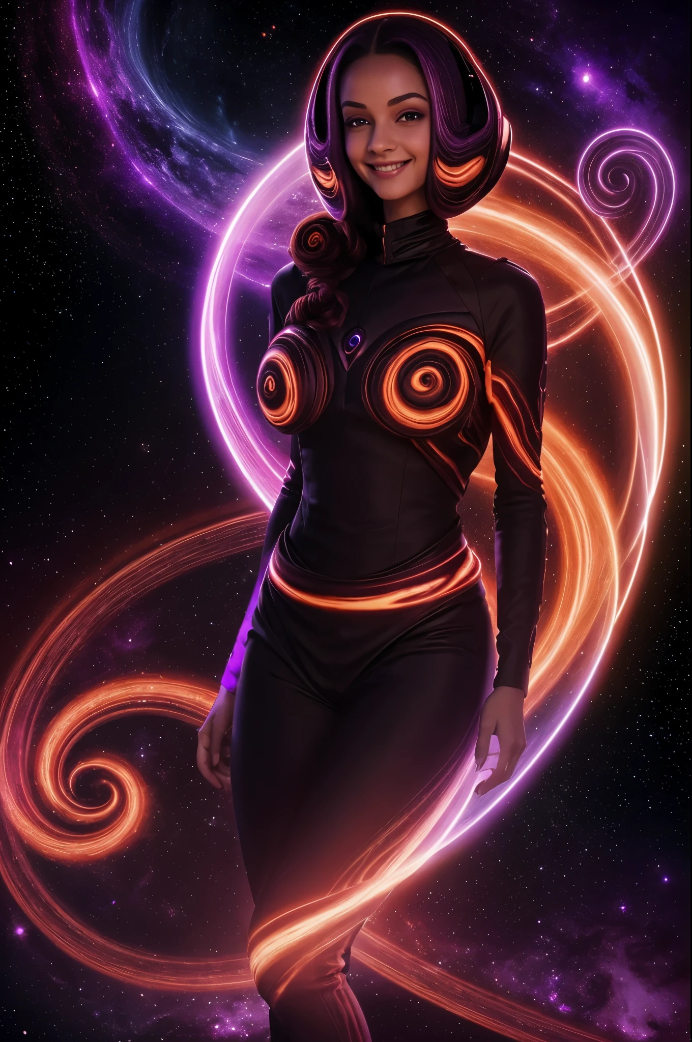 Image with an alien with an oval head, color lila, black almond eyes, from waist to top, smiling. With black background, on sides large orange and red spirals and swirls. below, that of a resplendent luminous white light, luminous and resplendent purple and lilac lights expand