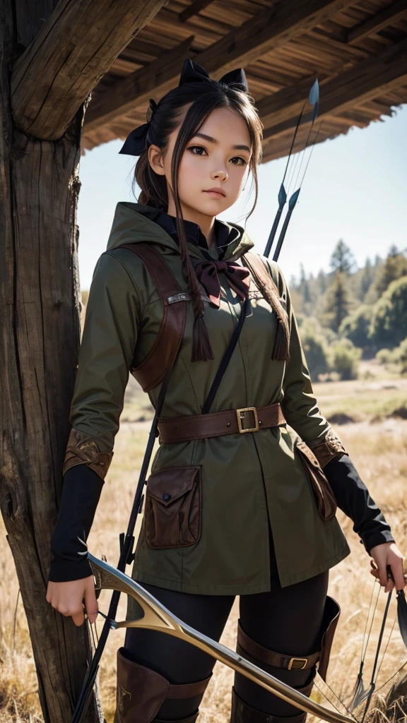 Girl dressed in a hunter outfit, with bow and arrow