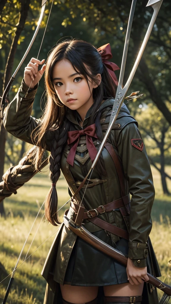 Girl dressed in a hunter outfit, with bow and arrow