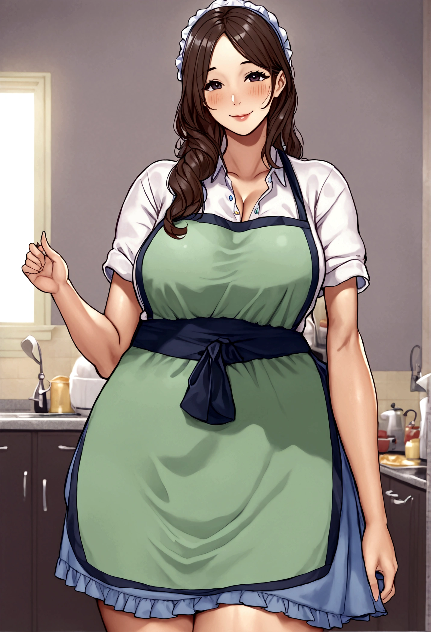 Beautiful house wife, Tan skin, wearing Apron, horny smile, has fatty upper pubic area.
