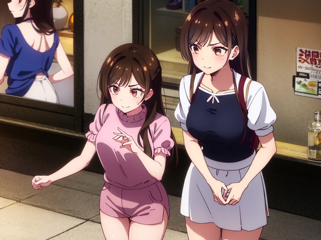 mizuharachizuru, chizuru ichinose, long hair, bangs, brown hair, (brown eyes:1.5), one side up, smile, (clonealike:2), 5+girls, multiple identical girls, large breasts,
BREAK skirt, shirt, short sleeves, puffy sleeves, puffy short sleeves, white skirt, pink shirt, white short socks, brown shorts shoes,
BREAK indoors, boutique outlet shop, crowd, girls,
BREAK reviewing bikini swimsuit clothes sales at the rack, (cowboy shot:1.5),
BREAK (masterpiece:1.2), best quality, high resolution, unity 8k wallpaper, (illustration:0.8), (beautiful detailed eyes:1.6), extremely detailed face, perfect lighting, extremely detailed CG, (perfect hands, perfect anatomy), seductive appearance and posture, full body