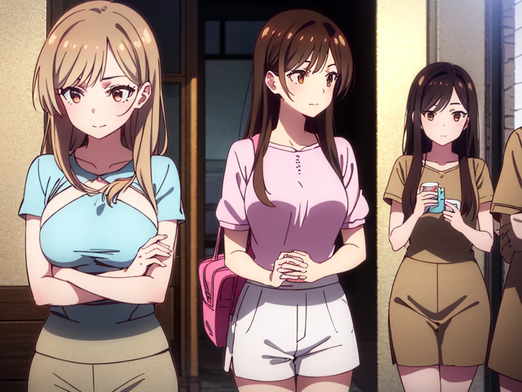mizuharachizuru, chizuru ichinose, long hair, bangs, brown hair, (brown eyes:1.5), one side up, smile, (clonealike:2), 5+girls, multiple identical girls, large breasts,
BREAK skirt, shirt, short sleeves, puffy sleeves, puffy short sleeves, white skirt, pink shirt, white short socks, brown shorts shoes,
BREAK indoors, boutique outlet shop, crowd, girls,
BREAK reviewing bikini swimsuit clothes sales at the rack, (cowboy shot:1.5),
BREAK (masterpiece:1.2), best quality, high resolution, unity 8k wallpaper, (illustration:0.8), (beautiful detailed eyes:1.6), extremely detailed face, perfect lighting, extremely detailed CG, (perfect hands, perfect anatomy), seductive appearance and posture, full body