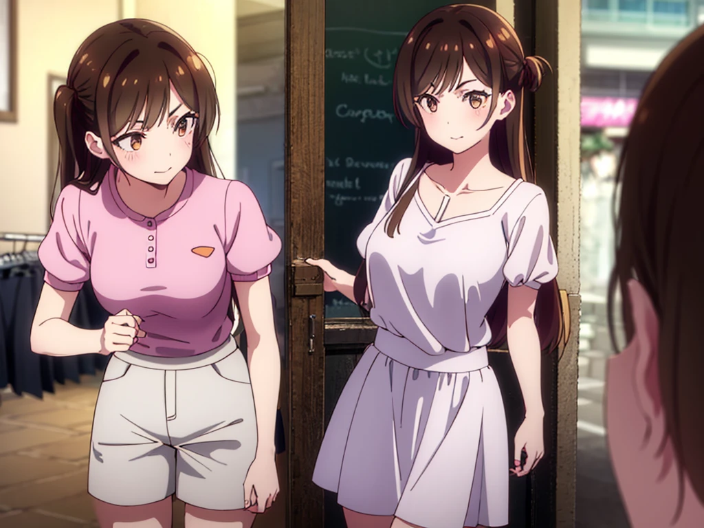mizuharachizuru, chizuru ichinose, long hair, bangs, brown hair, (brown eyes:1.5), one side up, smile, (clonealike:2), 5+girls, multiple identical girls, large breasts,
BREAK skirt, shirt, short sleeves, puffy sleeves, puffy short sleeves, white skirt, pink shirt, white short socks, brown shorts shoes,
BREAK indoors, boutique outlet shop, crowd, girls,
BREAK reviewing bikini swimsuit clothes sales at the rack, (cowboy shot:1.5),
BREAK (masterpiece:1.2), best quality, high resolution, unity 8k wallpaper, (illustration:0.8), (beautiful detailed eyes:1.6), extremely detailed face, perfect lighting, extremely detailed CG, (perfect hands, perfect anatomy), seductive appearance and posture, full body
