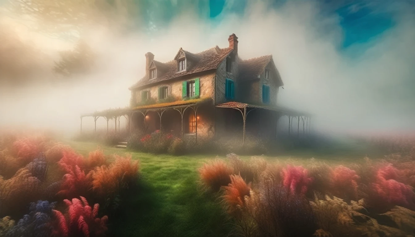 The farmhouse enveloped in thick fog, creating a mysterious and haunting atmosphere. Style of Claude Monet. Hyper Realistic photo, vibrant colors, 16k