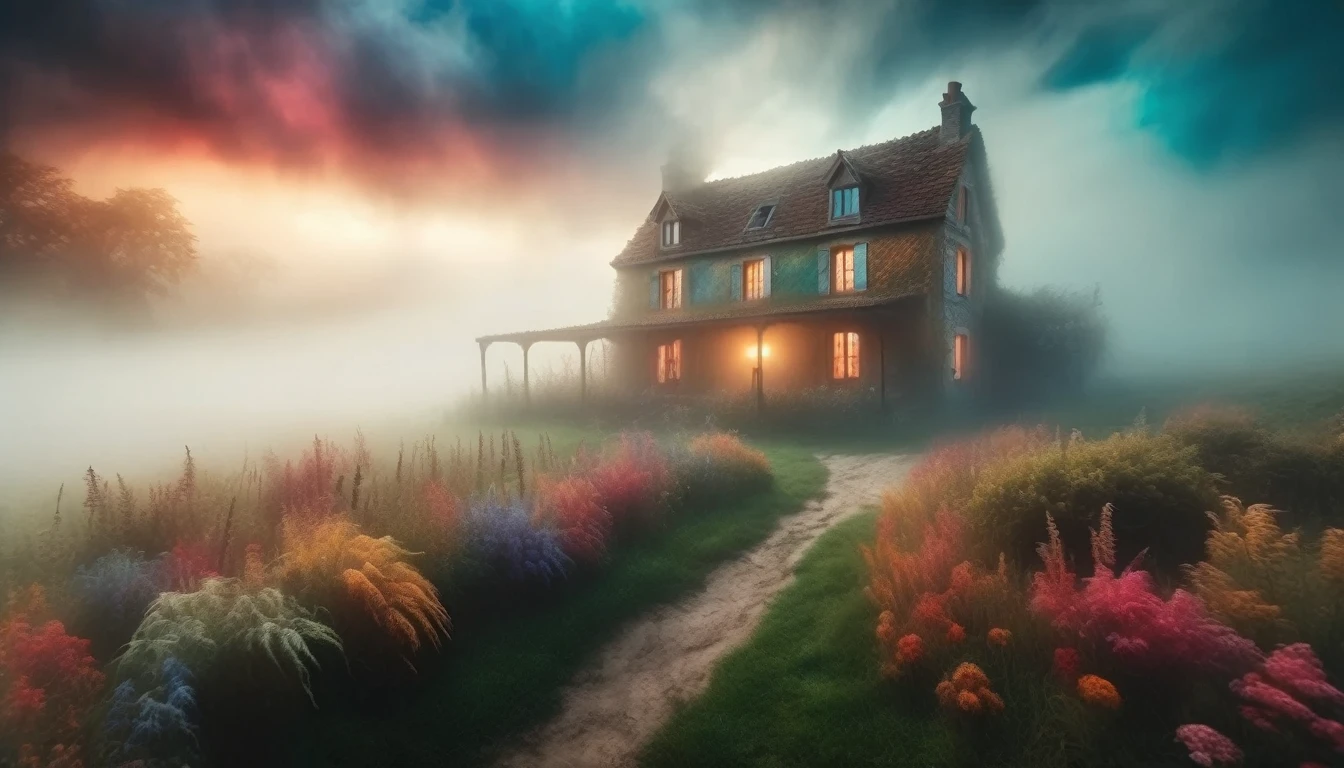 The farmhouse enveloped in thick fog, creating a mysterious and haunting atmosphere. Style of Claude Monet. Hyper Realistic photo, vibrant colors, 16k