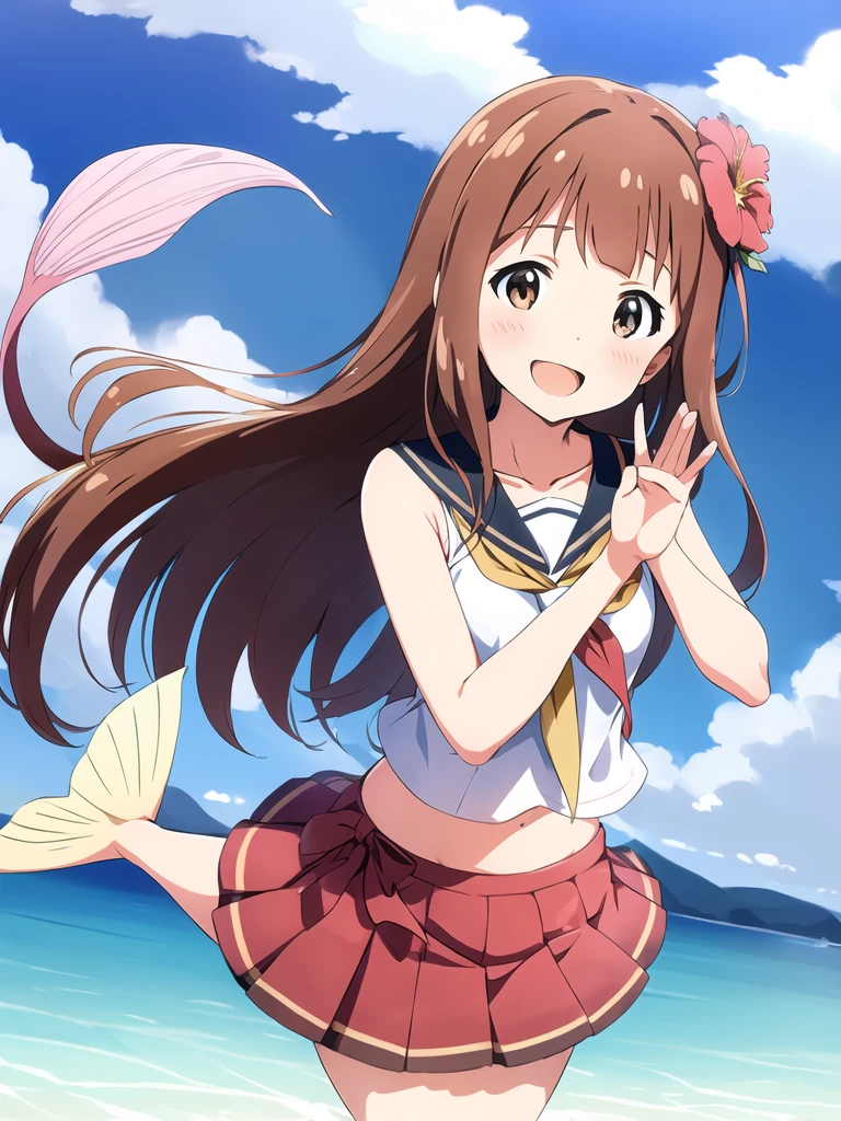 kotoha tanaka (million live), (best quality, 8K, masterpiece, ultra detailed:1.2), dynamic pose, cinematic angle, light particles, sparkle, beautiful detailed eyes, shiny skin, shiny hair, underwater sea,
mermaid, mermaid tail below waistline, 1girl, solo, skirt, smile, cute, happy, open mouth, sailor collar, :d, , serafuku, collarbone, hair flower, looking at viewer, upper body