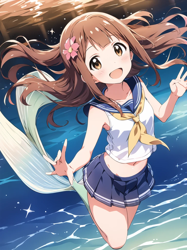 kotoha tanaka (million live), (best quality, 8K, masterpiece, ultra detailed:1.2), dynamic pose, cinematic angle, light particles, sparkle, beautiful detailed eyes, shiny skin, shiny hair, underwater sea,
mermaid, mermaid tail below waistline, 1girl, solo, skirt, smile, cute, happy, open mouth, sailor collar, :d, , serafuku, collarbone, hair flower, looking at viewer, upper body