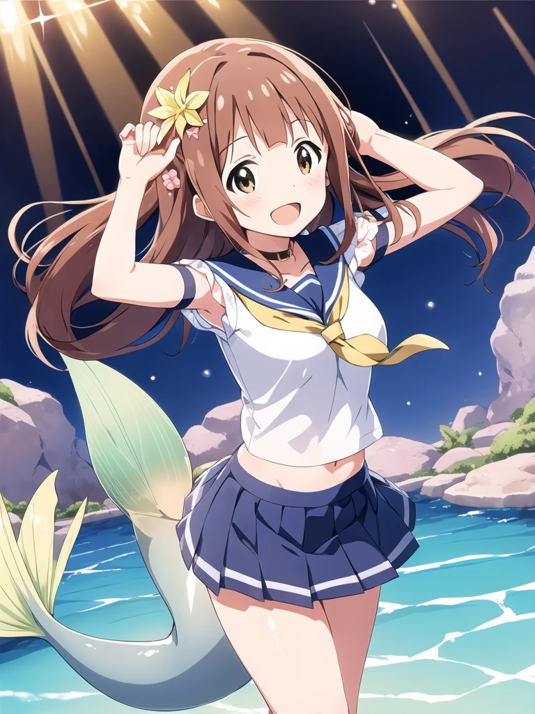 kotoha tanaka (million live), (best quality, 8K, masterpiece, ultra detailed:1.2), dynamic pose, cinematic angle, light particles, sparkle, beautiful detailed eyes, shiny skin, shiny hair, underwater sea,
mermaid, mermaid tail below waistline, 1girl, solo, skirt, smile, cute, happy, open mouth, sailor collar, :d, , serafuku, collarbone, hair flower, looking at viewer, upper body