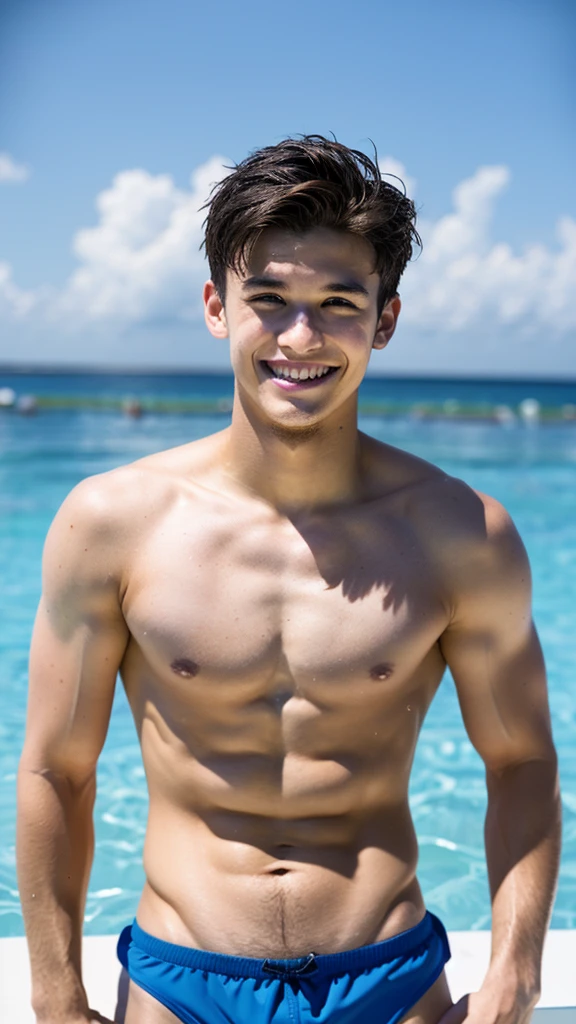 male Age 27 swimwear lifeguard topless smile