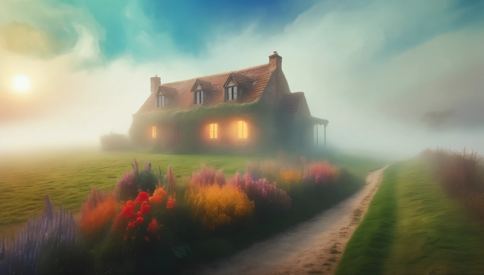 The farmhouse enveloped in thick fog, creating a mysterious and haunting atmosphere. Style of Claude Monet. Hyper Realistic photo, vibrant colors, 16k