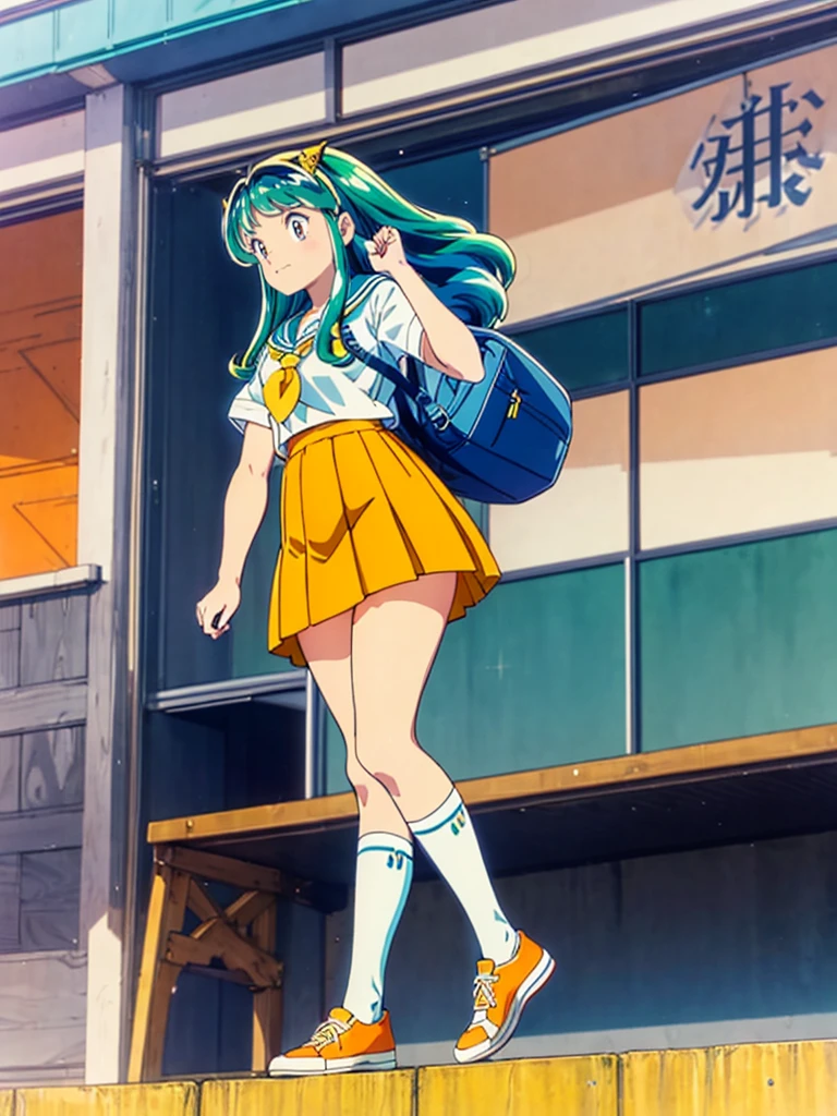 masterpiece, Highest quality, 1 Girl, Lum, Sailor suit, Summer clothes, Navy Blue Skirt, uniform, anime, Charm, 18-year-old, sexy, Stand with your feet apart, Japan, High definition, From before, classroom, Green Hair, Cowboy Shot, smile, Yellow neckerchief, 1980年代animeスタイル, White socks, Orange sneakers, From below, Bold composition