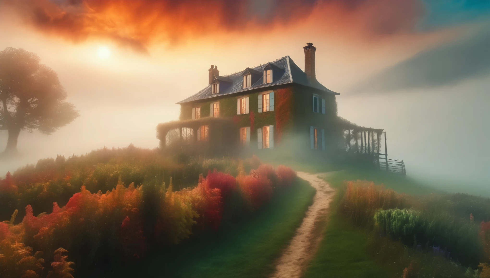 The farmhouse enveloped in thick fog, creating a mysterious and haunting atmosphere. Style of Claude Monet. Hyper Realistic photo, vibrant colors, 16k