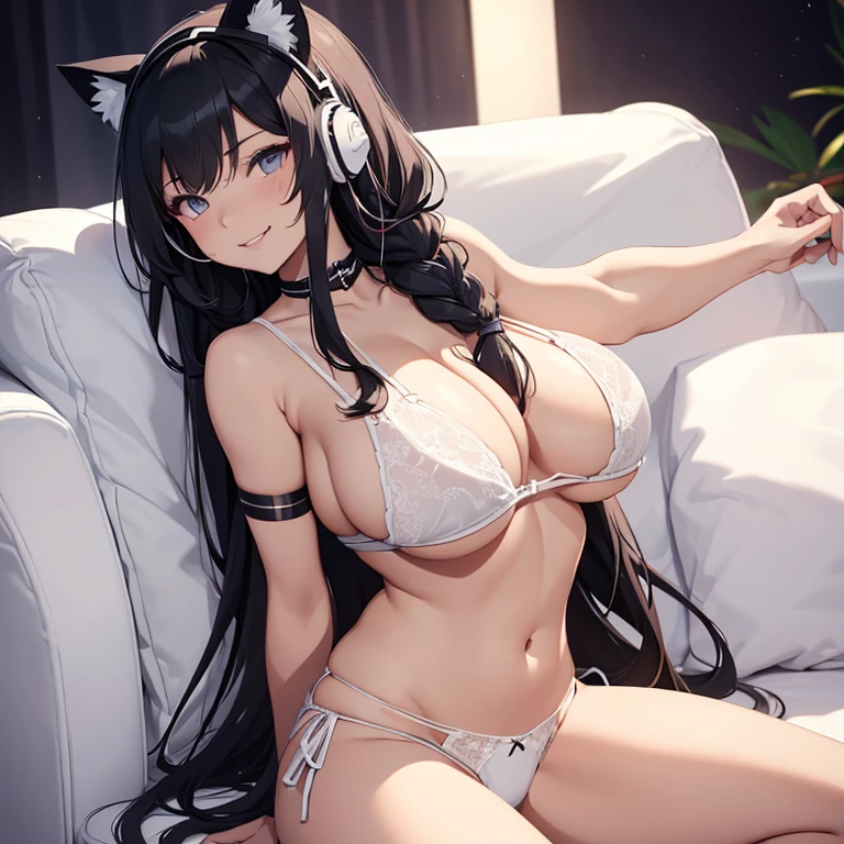 Superflat, Flat Shading, Flat Color, close, Wide-angle, One Girl, 19 years old, Asian, Gamer Girl, Long braided black hair, White bra, Cat Ear Headset, (huge breasts:1.4), (White panties:1.4), Sitting on Sofa, At Night,dark,Vibrant colors, seductive smile