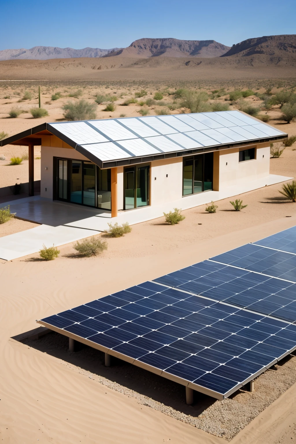 ecological house with solar panels and rainwater collection in a desert area