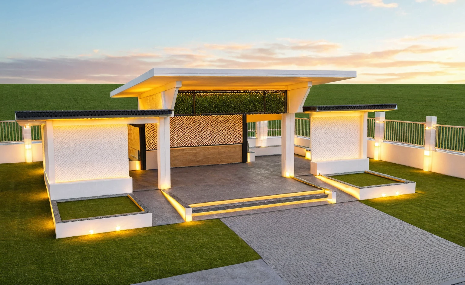 Masterpiece, high quality, best quality, authentic, super detail, outdoors, huts style modern, white concrete wall, field landscape, sunset, gate road, pavement, grass, trees, blue sky, cloud, (day:1.1), realistic lighting