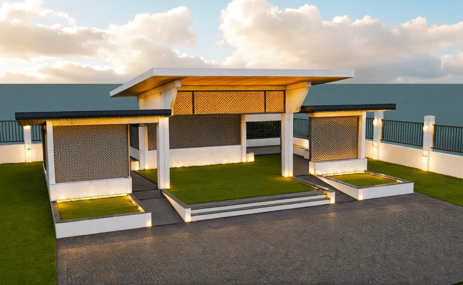 Masterpiece, high quality, best quality, authentic, super detail, outdoors, huts style modern, white concrete wall, field landscape, sunset, gate road, pavement, grass, trees, blue sky, cloud, (day:1.1), realistic lighting