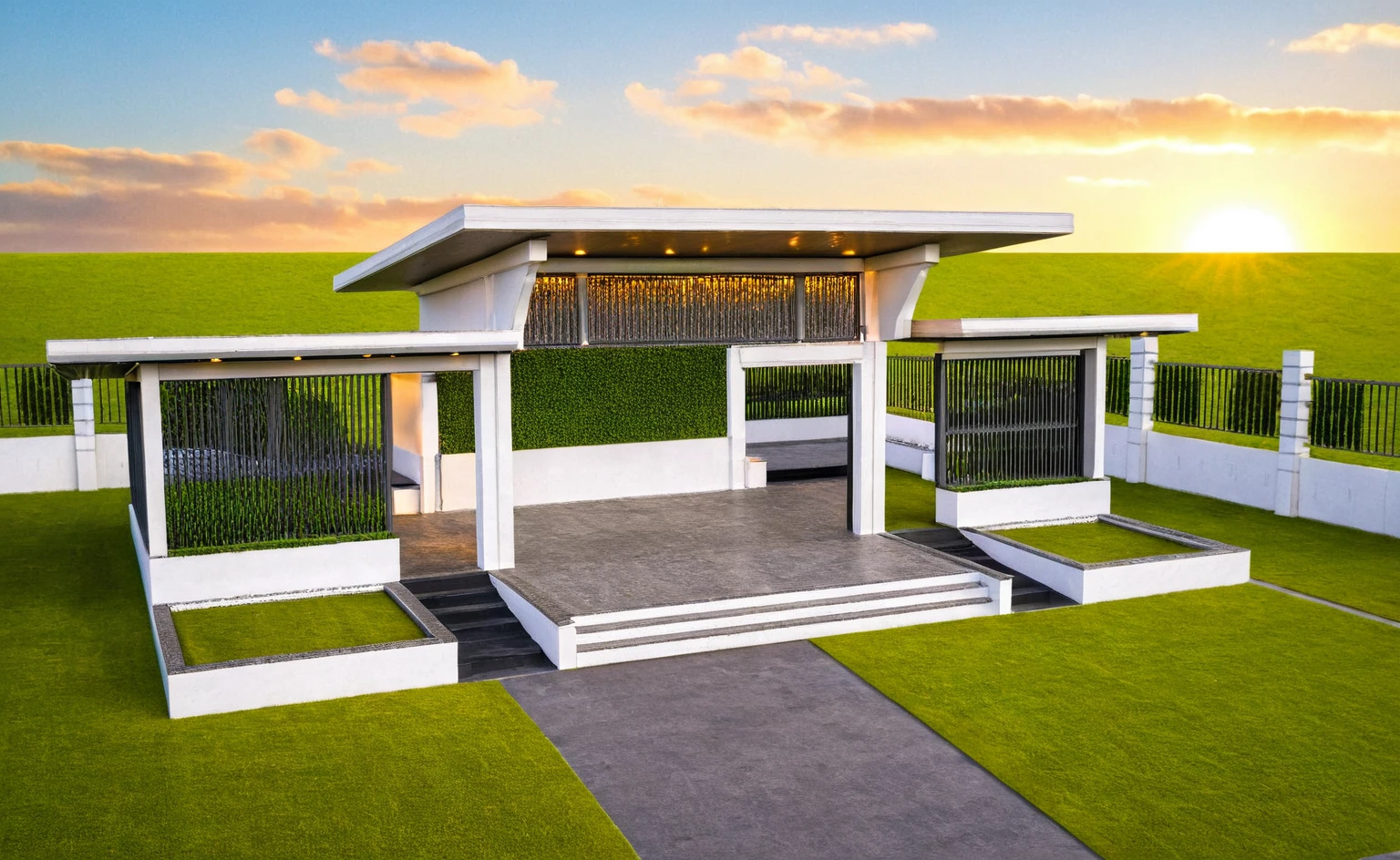 Masterpiece, high quality, best quality, authentic, super detail, outdoors, huts style modern, white concrete wall, field landscape, sunset, gate road, pavement, grass, trees, blue sky, cloud, (day:1.1), realistic lighting