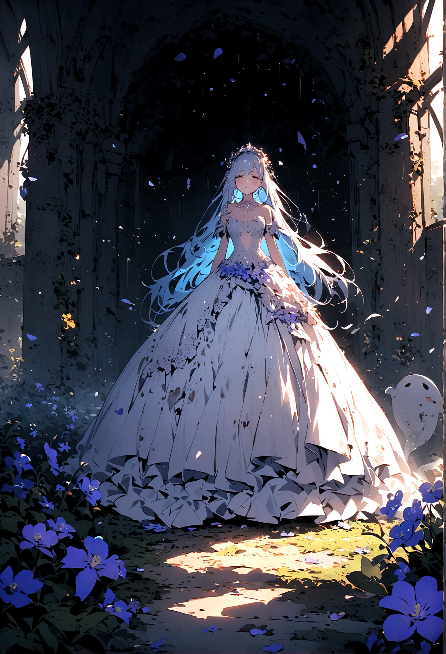 (only one person),Broken church,Cemetery,heavy rain,dark clouds,(Battle damage),Wedding dress,Long hair,Ghost Bride,Dark and gloomy,night,Wilted flowers,Tears