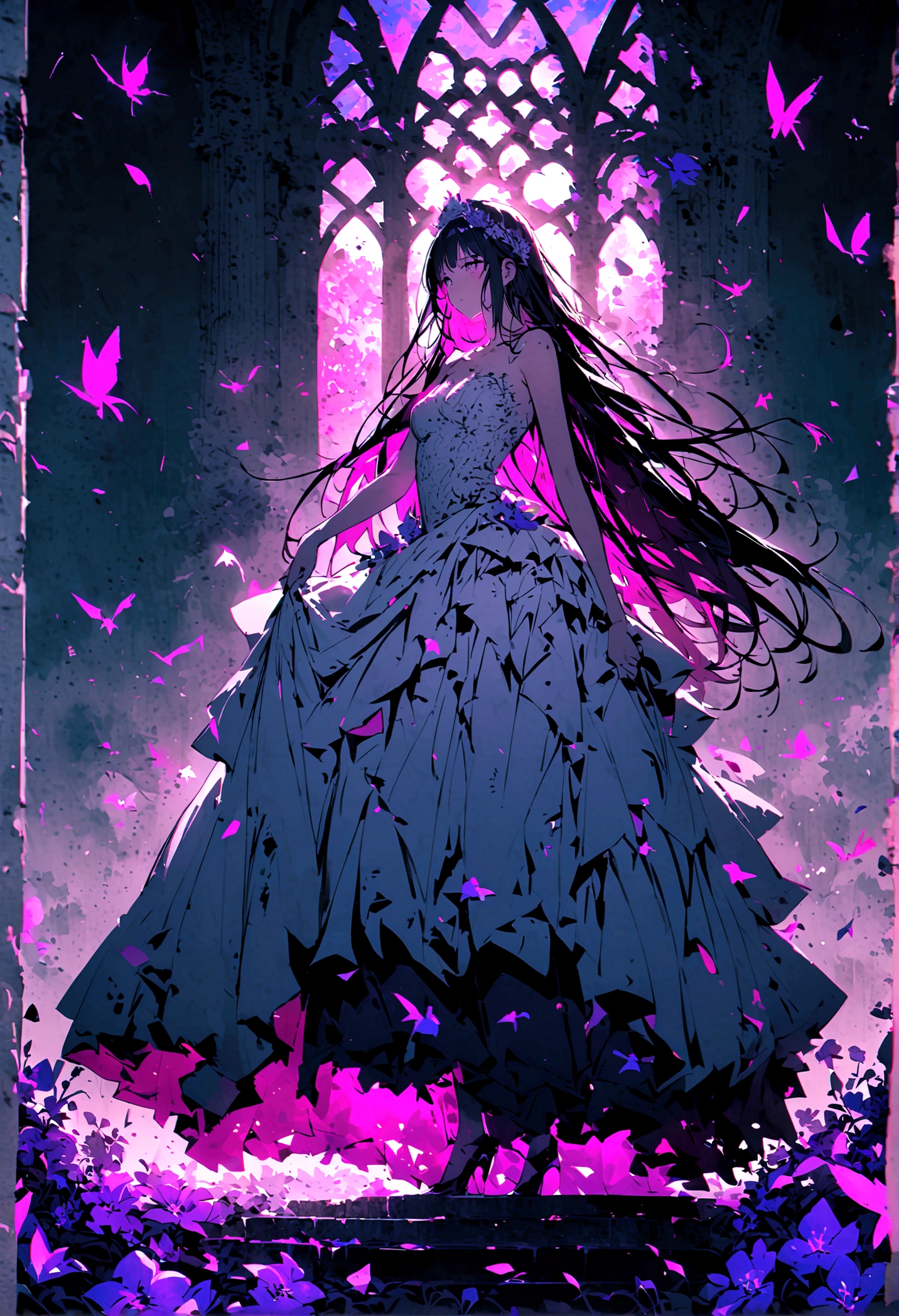 (only one person),Broken church,Cemetery,heavy rain,dark clouds,(Battle damage),Wedding dress,Long hair,Ghost Bride,Dark and gloomy,night,Wilted flowers,Tears