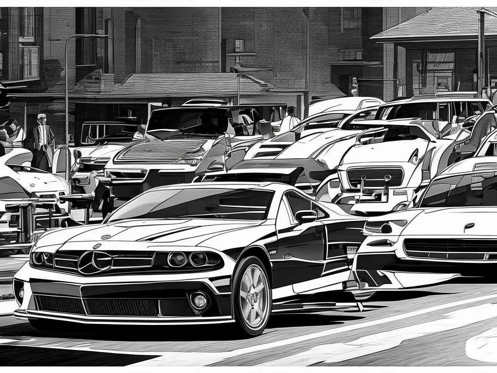 Driving scene，Black and white line drawing，HD，The car model is reasonable，Accurate perspective，Best quality，Accurate proportions
