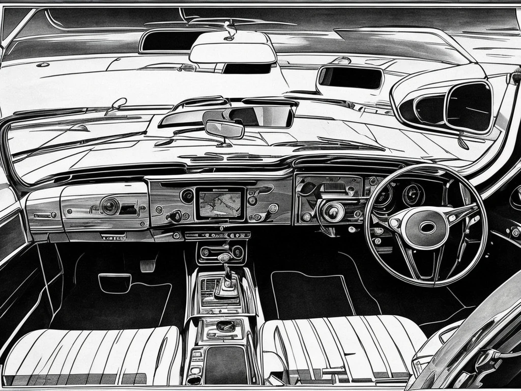 Driving scene，Black and white line drawing，HD，The car model is reasonable，Accurate perspective，Best quality，Accurate proportions