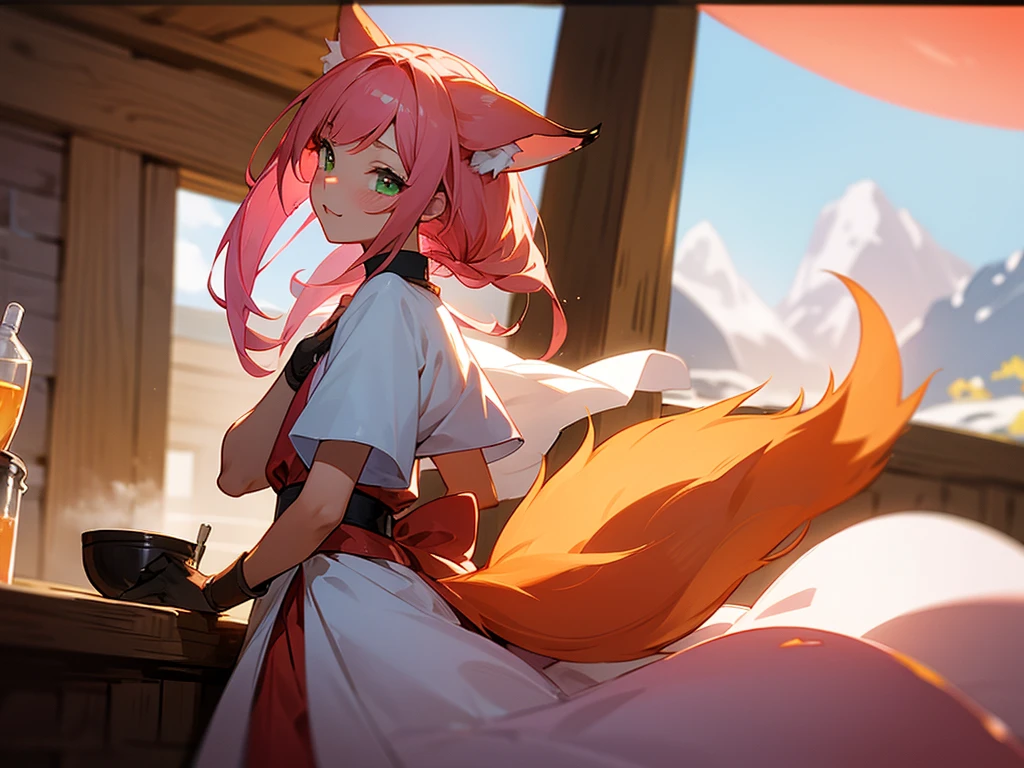 kitsune idol in a tavern, foxgirl, pink fox ears, pink fox tails, pink hair, green eyes, light blue idol dress, tavern background, high quality, masterpiece