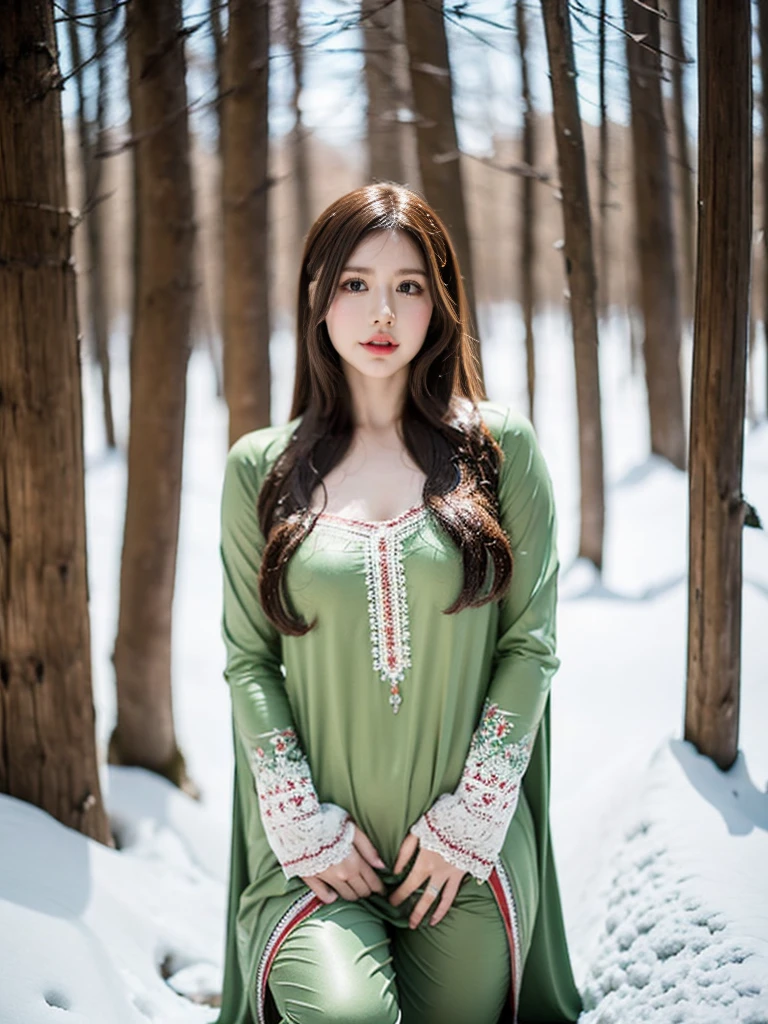 craft a hyper realistic vertical photo of anne hathway, attractive woman in her 40s, sleek, highly detailed, formal, determined, colorized, smooth, charming, pretty, soft smile, soft lips, black eyes, black shalwar kameez, on knees, winter forest, snow wind, cold atmosphere,