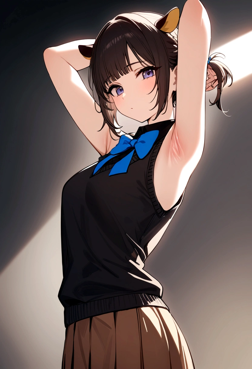 masterpiece, hightquality, Hi-Res, memcho, 1girl in, solo, cow-boy shot, skirt by the, Brown skirt, Black vest, Sweater Vest, Black shirt, Blue bow tie、Upper body body, tie hair, hand on back, presenting armpit