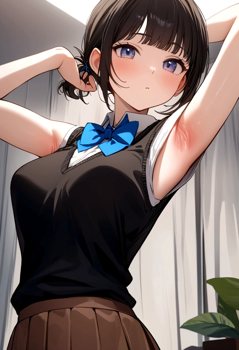 masterpiece, hightquality, Hi-Res, memcho, 1girl in, solo, cow-boy shot, skirt by the, Brown skirt, Black vest, Sweater Vest, Black shirt, Blue bow tie、Upper body body, tie hair, hand on back, presenting armpit