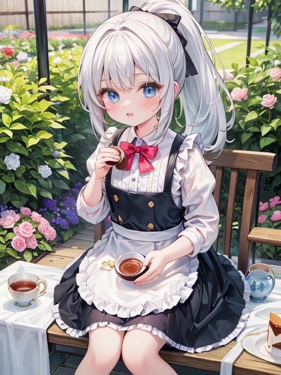 (8K, Highest quality, tableトップ:1.2)、Ultra-high resolution、14-year-old girl, Perfect Fingers, Detailed face, blue eyes, Silver Hair, ponytail, Red Apron Dress, garden, flower bed, table, tableクロス, Black tea, Tea cup, cake, Sit on a chair, Black teaを飲む