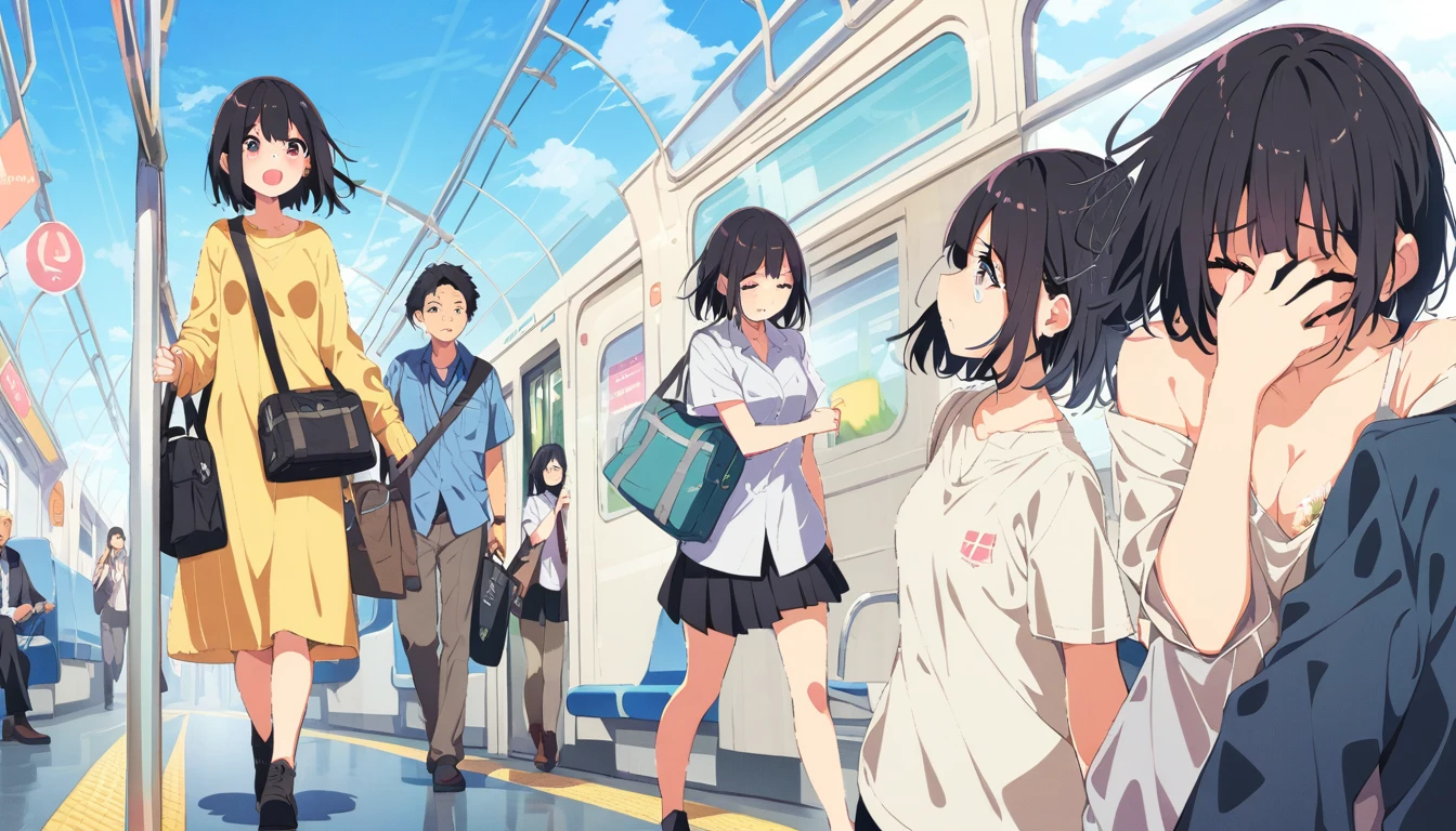A girl with erect nipples, small breasts, light pubic hair, and short bob black hair walks unsteadily, crying, covering her face, and gets off the train.、whole body