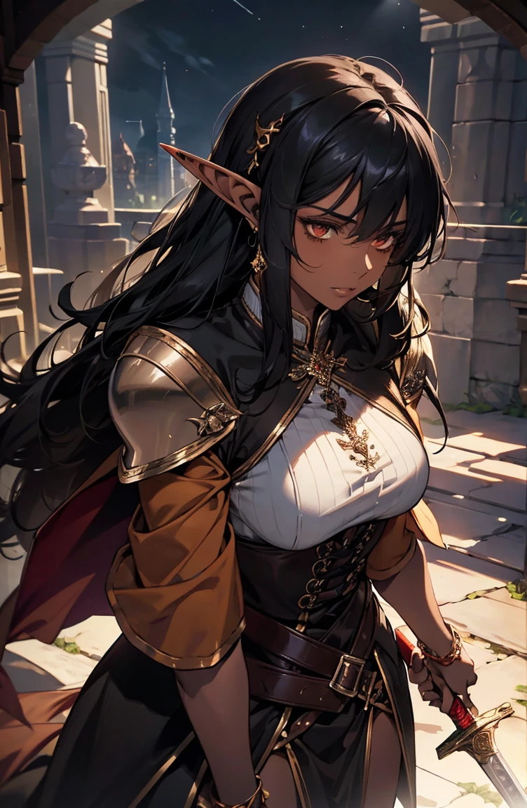 brown skin, older woman, sexy, tall, brown skin, one dragon wing, black hair, elf, elf ears, dragon horns, dark clothing, night, glow, sword