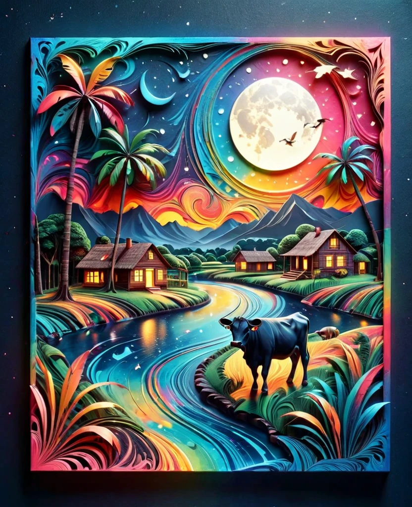 Paper cut art (((masterpiece))),best quality, illustration, African map, within African map we see a night sky, cloud, banana plantation, star \(symbol\), cows, no humans, night, birds, moon, building, star \(sky\), night sky, scenery, starry sky, grass, house, trees, waterfall, birds in the sky, African map, vibrant color scheme, Soft light,(warm color:1.2),Water color painting, light background, best quality exquisite details,3d rendering,Octane render, pastel, paper_cut