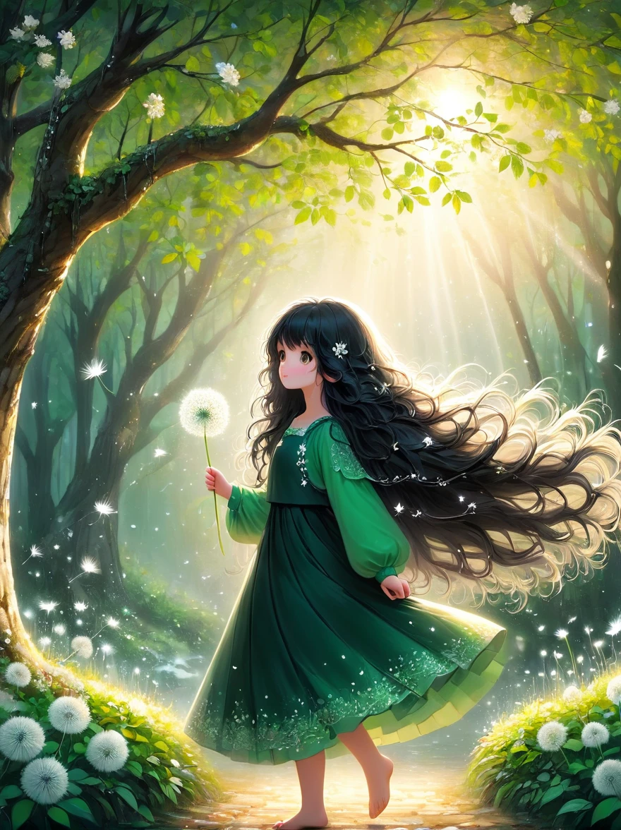 1 Girl, 独奏, Long hair, Black Hair, Long sleeve, skirt, Keep, perpetual, myopia, flower, Artist Name, sign, from the side, Tree, contour, Watermark, Wavy Hair, flower卉印flower, plant, , Nature, Network skirt, forest, curls, Green dress, vine,Glowing silver light,Innocence,storybook-like,对Nature的温柔描绘,Wear,so beautiful
