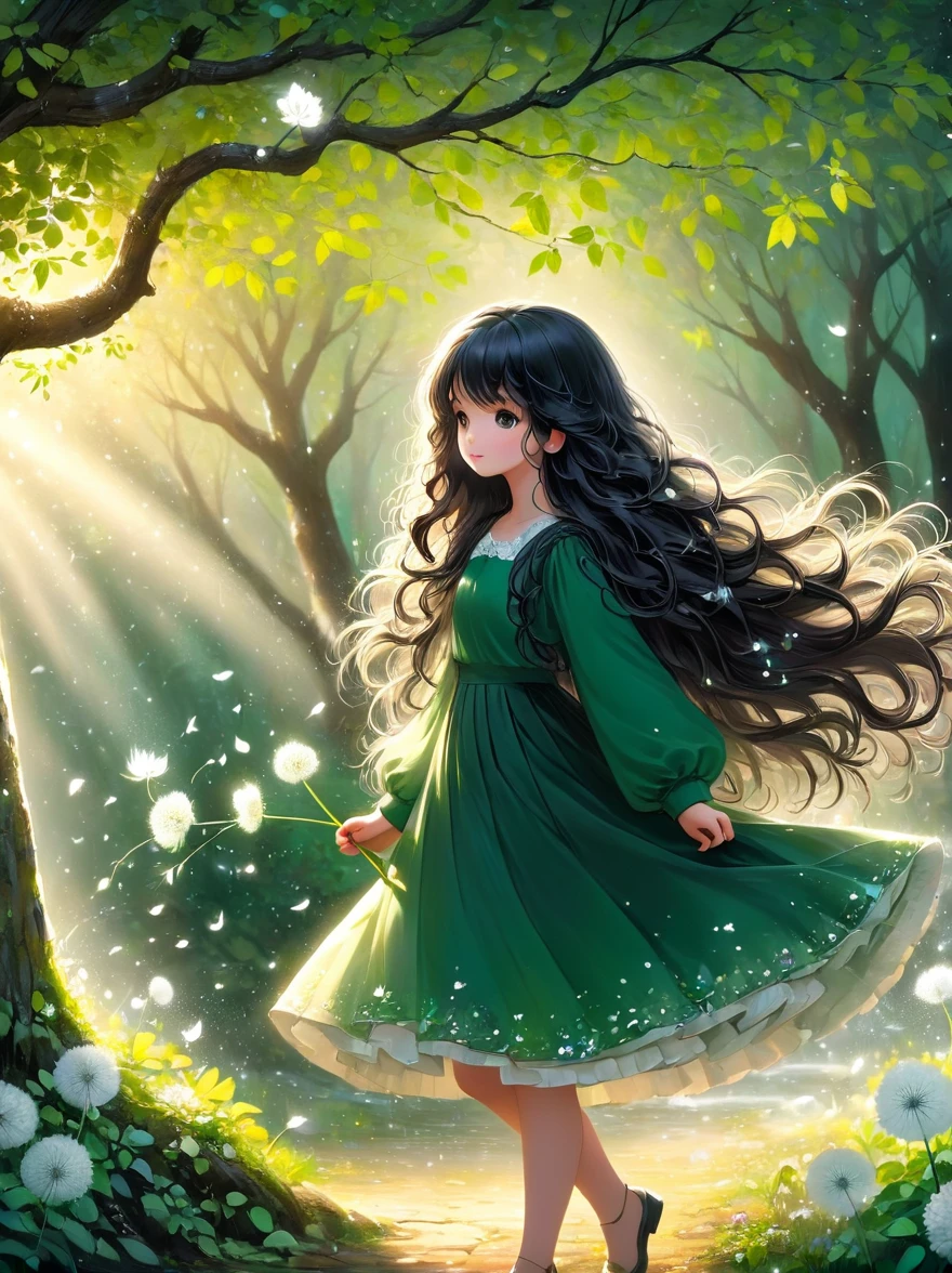 1 Girl, 独奏, Long hair, Black Hair, Long sleeve, skirt, Keep, perpetual, myopia, flower, Artist Name, sign, from the side, Tree, contour, Watermark, Wavy Hair, flower卉印flower, plant, , Nature, Network skirt, forest, curls, Green dress, vine,Glowing silver light,Innocence,storybook-like,对Nature的温柔描绘,Wear,so beautiful