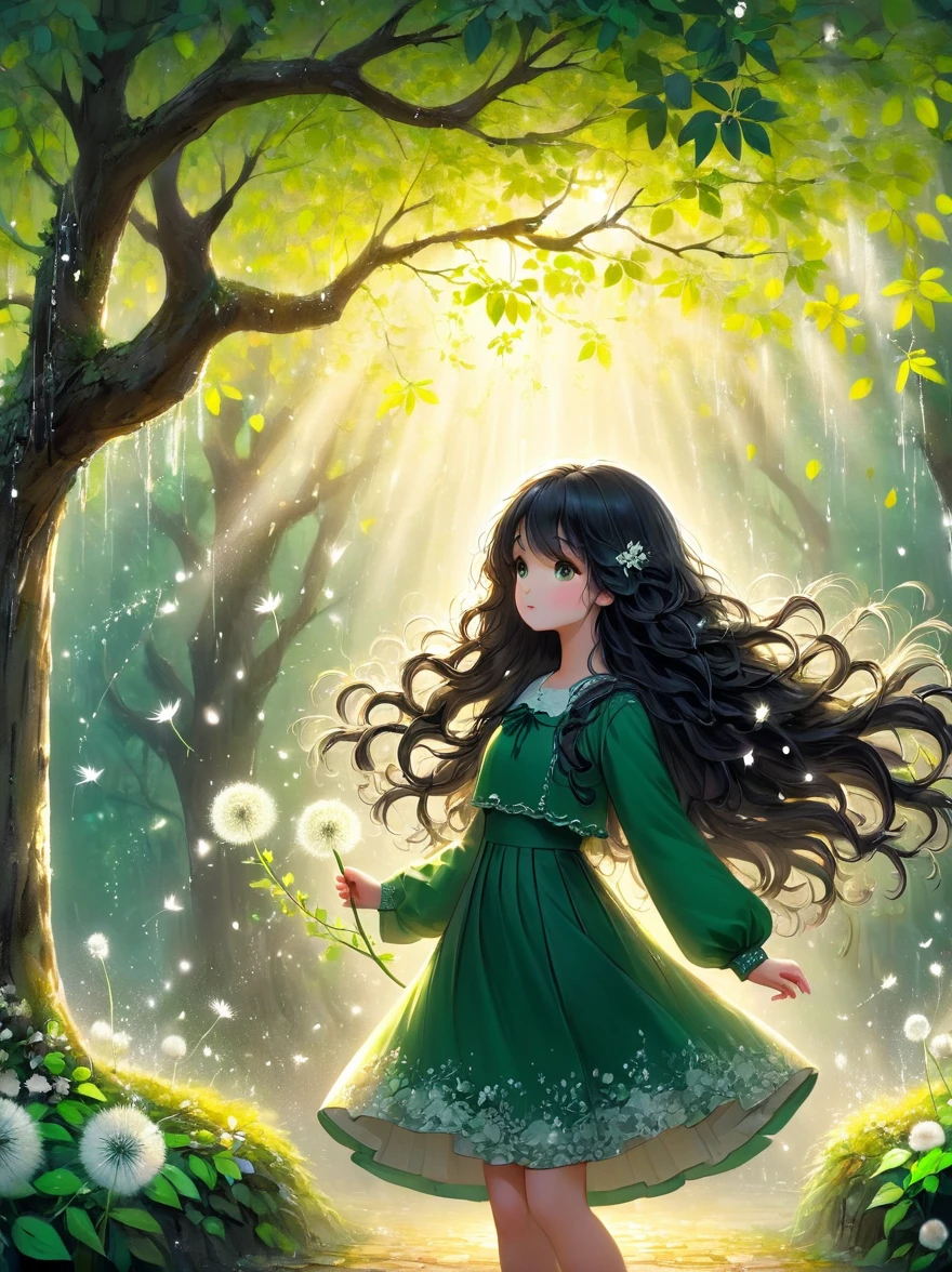 1 Girl, 独奏, Long hair, Black Hair, Long sleeve, skirt, Keep, perpetual, myopia, flower, Artist Name, sign, from the side, Tree, contour, Watermark, Wavy Hair, flower卉印flower, plant, , Nature, Network skirt, forest, curls, Green dress, vine，Glowing silver light，Innocence，storybook-like，对Nature的温柔描绘，Wear，so beautiful