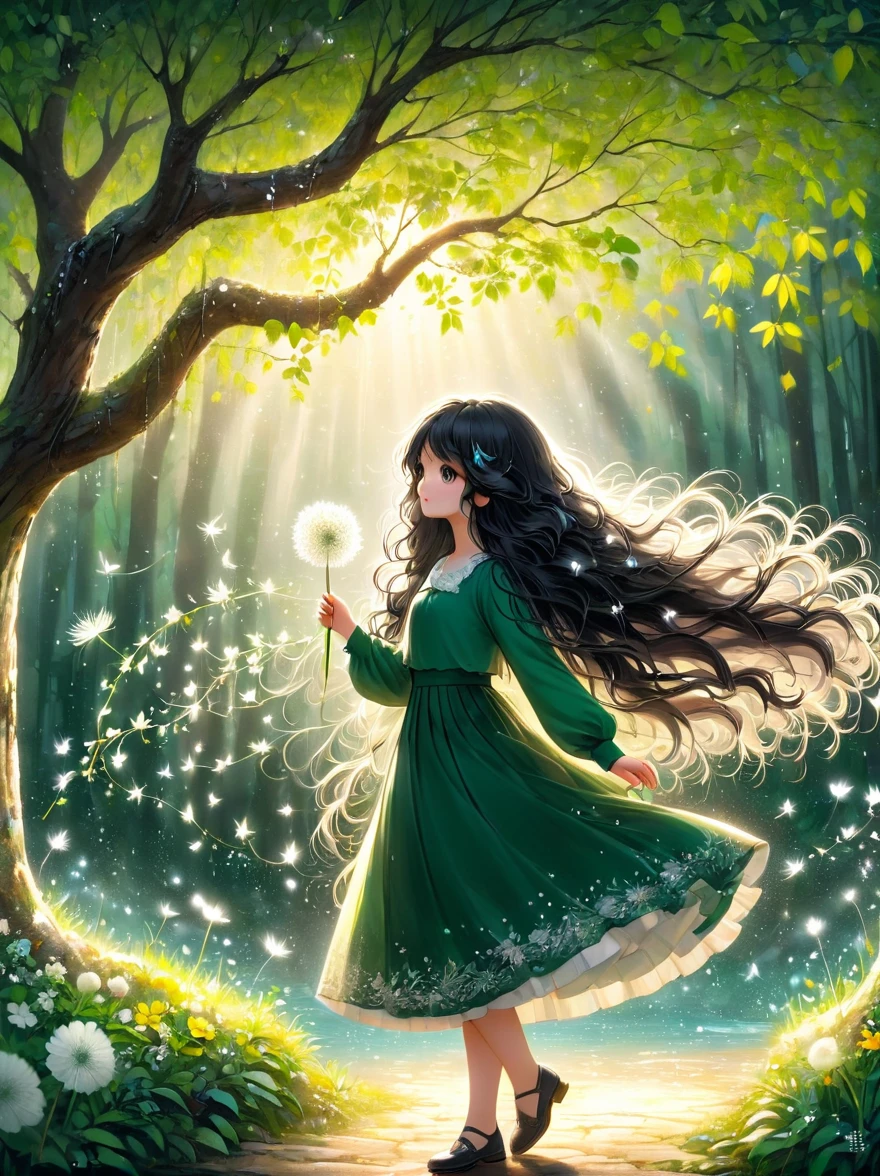 1 Girl, 独奏, Long hair, Black Hair, Long sleeve, skirt, Keep, perpetual, myopia, flower, Artist Name, sign, from the side, Tree, contour, Watermark, Wavy Hair, flower卉印flower, plant, , Nature, Network skirt, forest, curls, Green dress, vine,Glowing silver light,Innocence,storybook-like,对Nature的温柔描绘,Wear,so beautiful