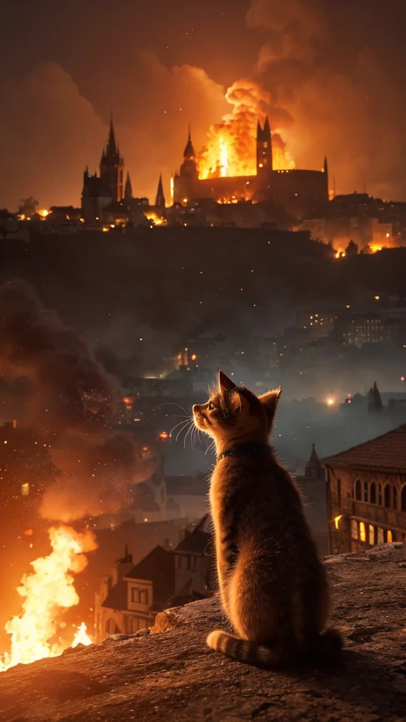 A kitten standing on the hill watching a dragon burn down a medieval European cityscape with fire spewing from its mouth,
3DCG,Hyper Real、Realistic footage