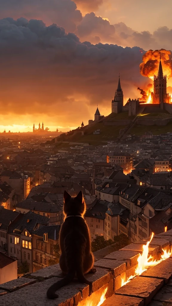 A kitten standing on the hill watching a dragon burn down a medieval European cityscape with fire spewing from its mouth,
3DCG,Hyper Real、Realistic footage